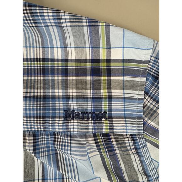 Marmot Plaid Short Sleeve Button Up Shirt Men’s M Blue Green Outdoor Hiking Work - Picture 12 of 14